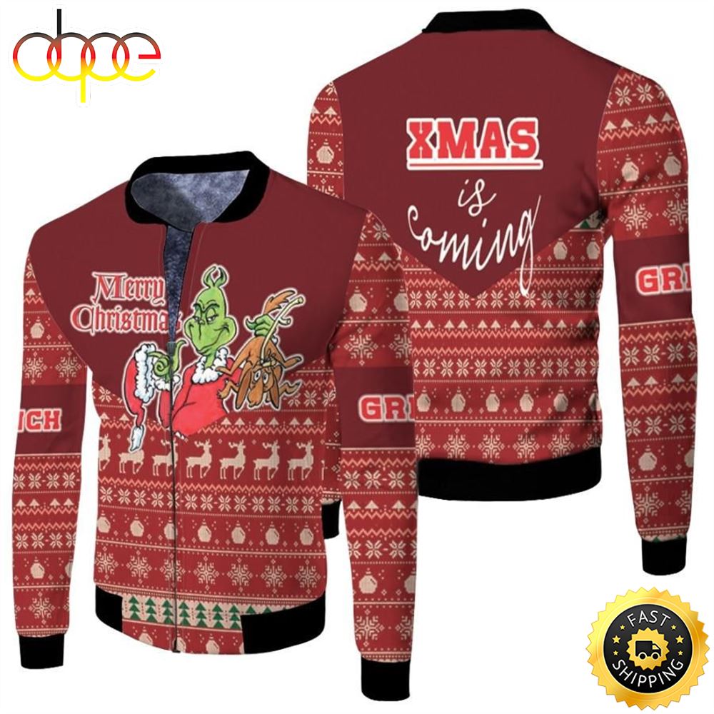 Grinch Christmas XMas Is Coming Merry Christmas Deer Tree Pattern 3D Allover Gift For Grinch Fans Christmas Fans Bomber Jacket