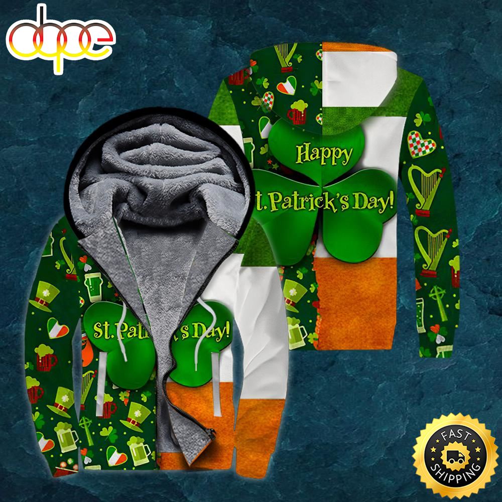 Happy St Patrick's Day Irish Fleece Zip Hoodie All Over Print  Shirt