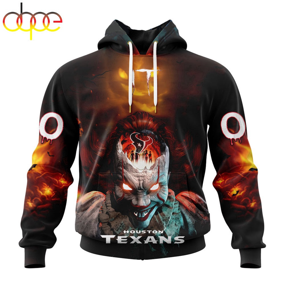 Custom Name And Number NFL Houston Texans Halloween Badut Mematikan 3D Hoodie Shirt