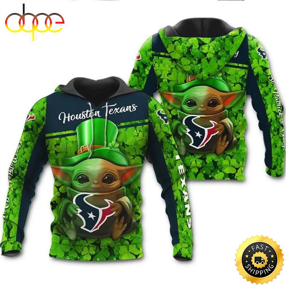 Houston Texans Baby Yoda St Patrick's Day 3d Hoodie All Over Printed