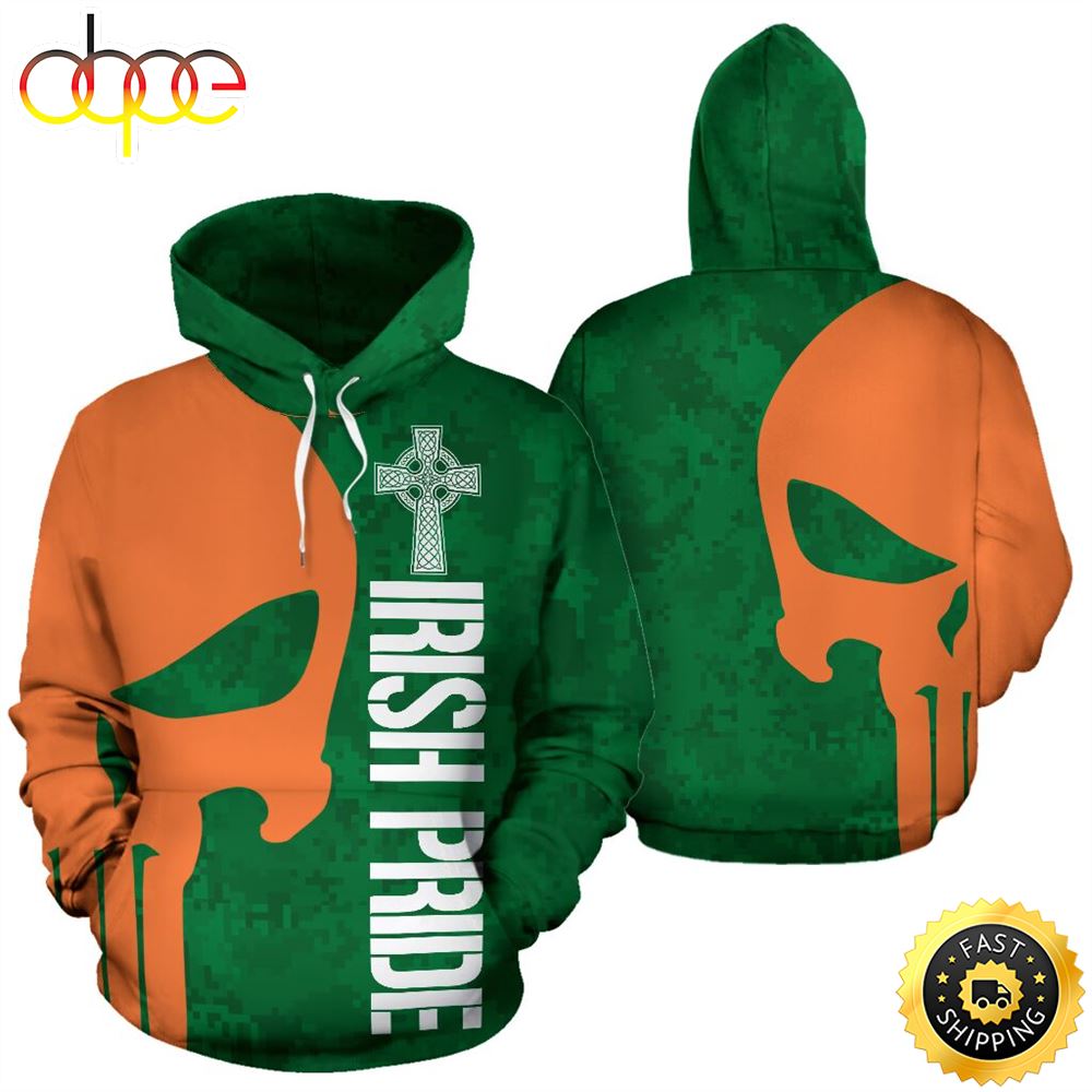 Irish Pride Skull Orange Full Hoodie St.Patricks Day All Over Print Shirt