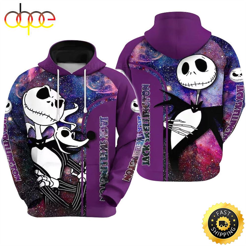 Jack Skellington And Zero Purple Galaxy Hoodie 3D All Over Print