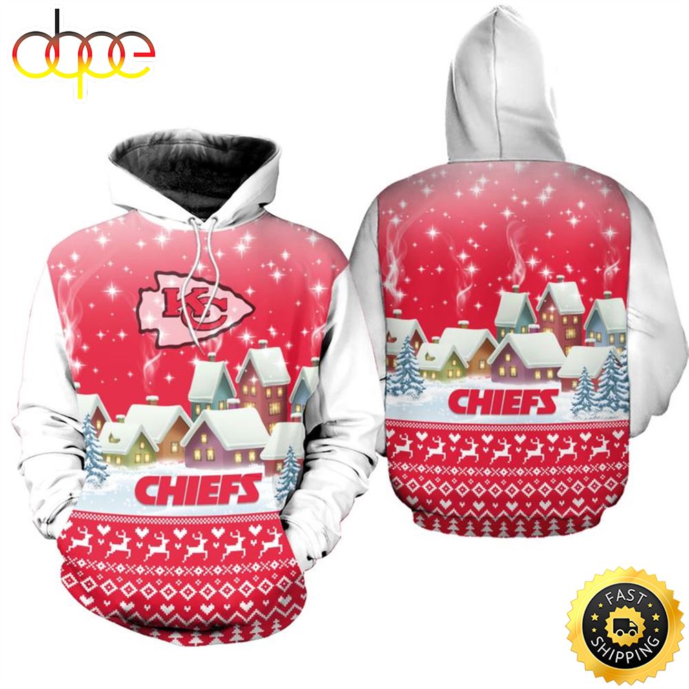 Kansas City Chiefs Christmas Pattern House Football NFL All Over print Christmas Hoodie