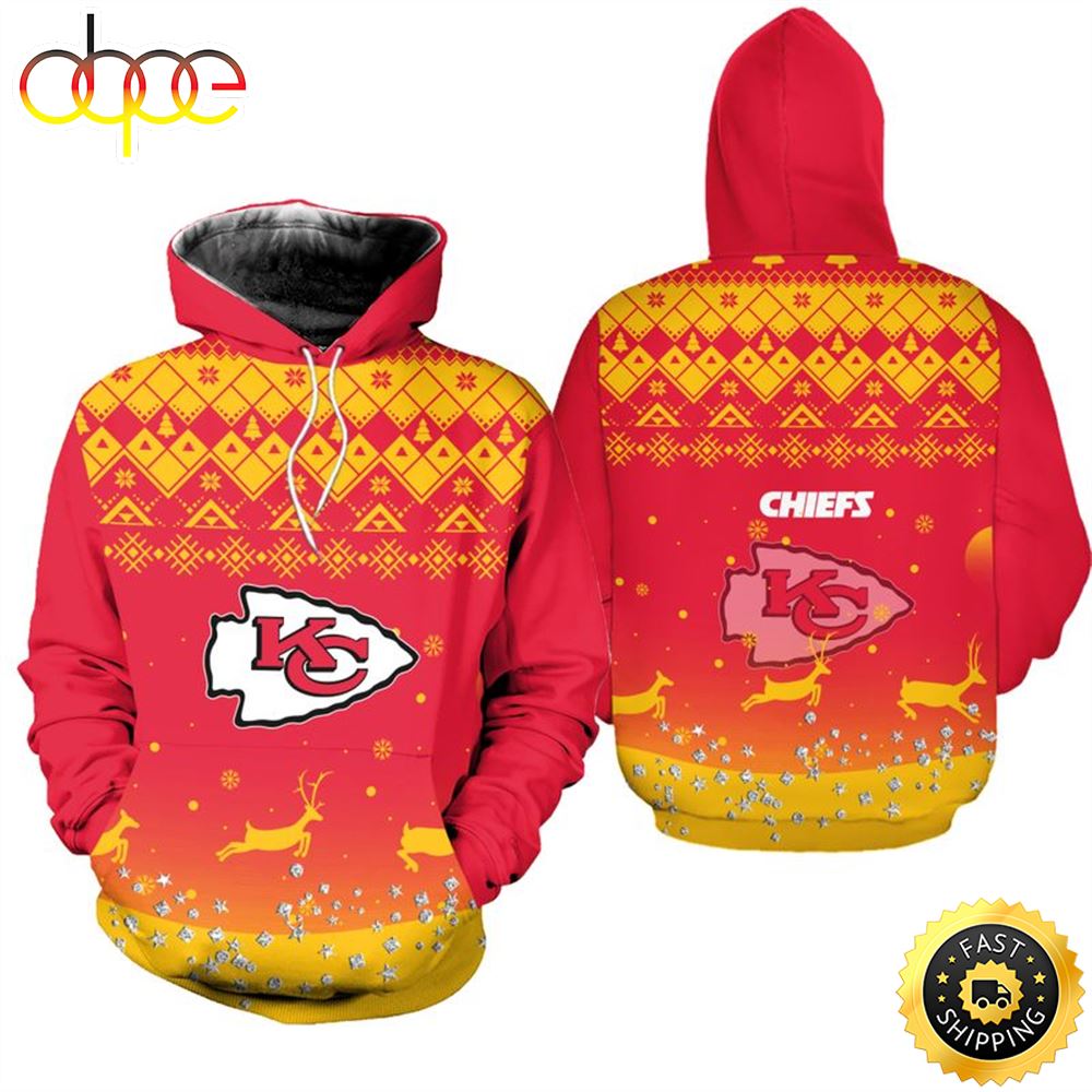 Kansas City Chiefs Christmas Pattern Reindeer Football NFL All Over Print Hoodie Shirt