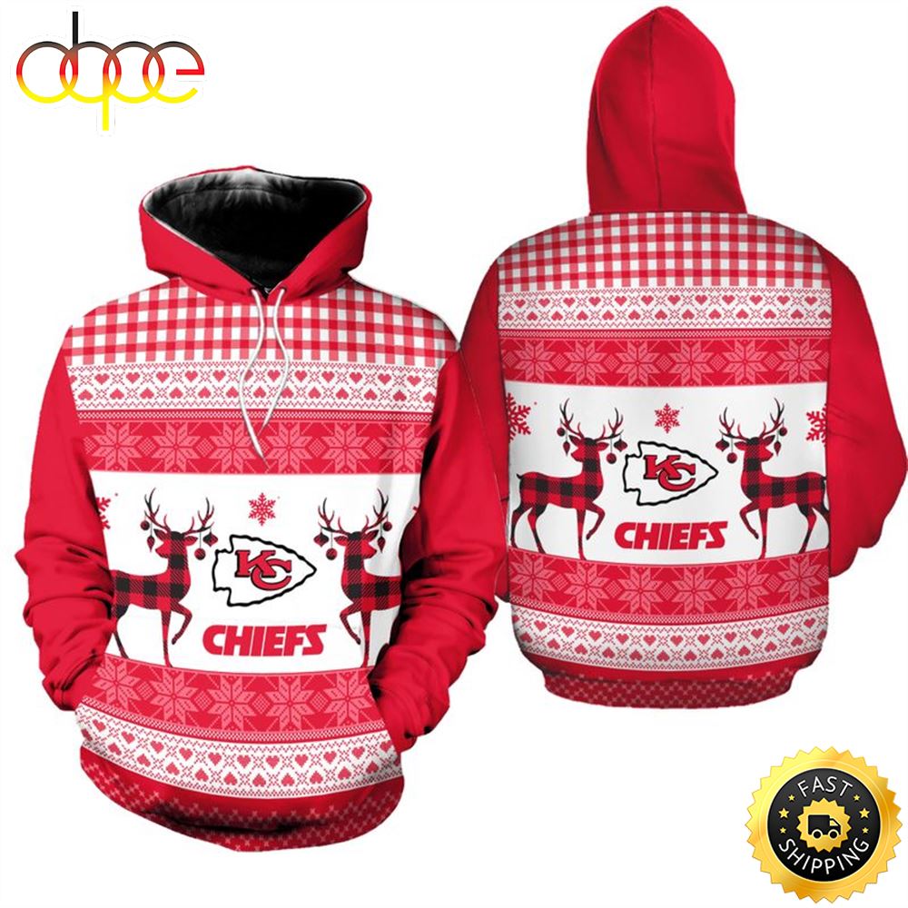 Kansas City Chiefs Christmas Pattern Reindeer Football NFL All Over print Christmas Hoodie