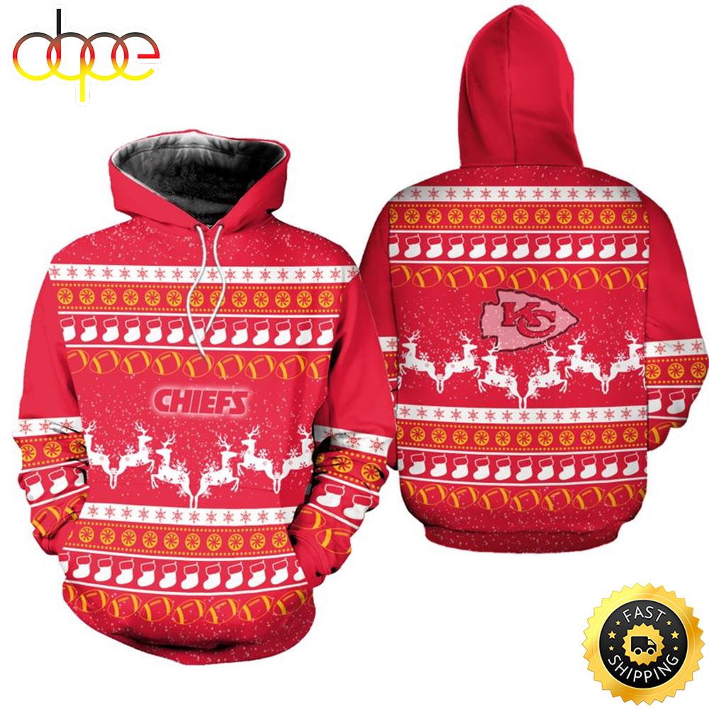 Kansas City Chiefs Christmas Pattern Reindeers Football NFL All Over print Christmas Hoodie