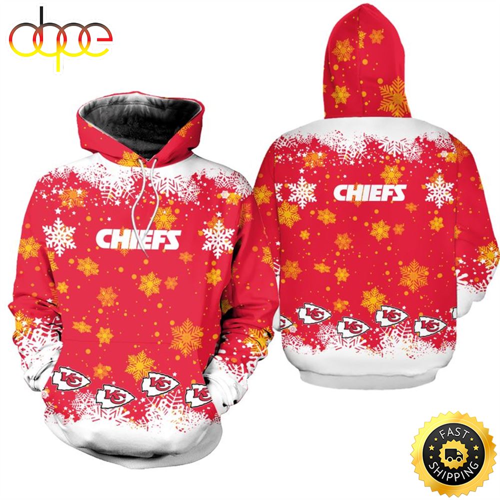 Kansas City Chiefs Christmas Pattern Snowflakes Football NFL All Over print Christmas Hoodie