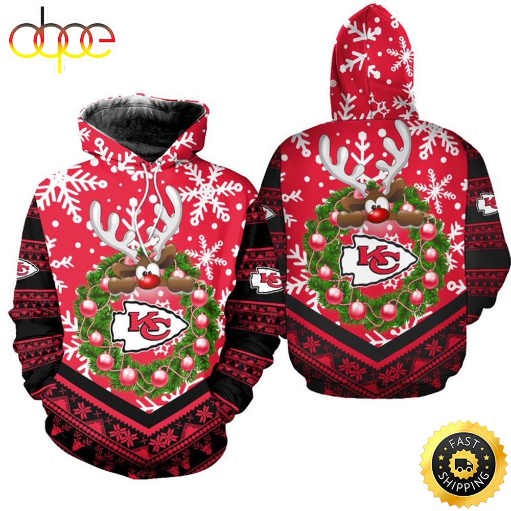 Kansas City Chiefs Christmas Reindeer Football NFL All Over Print Hoodie Shirt