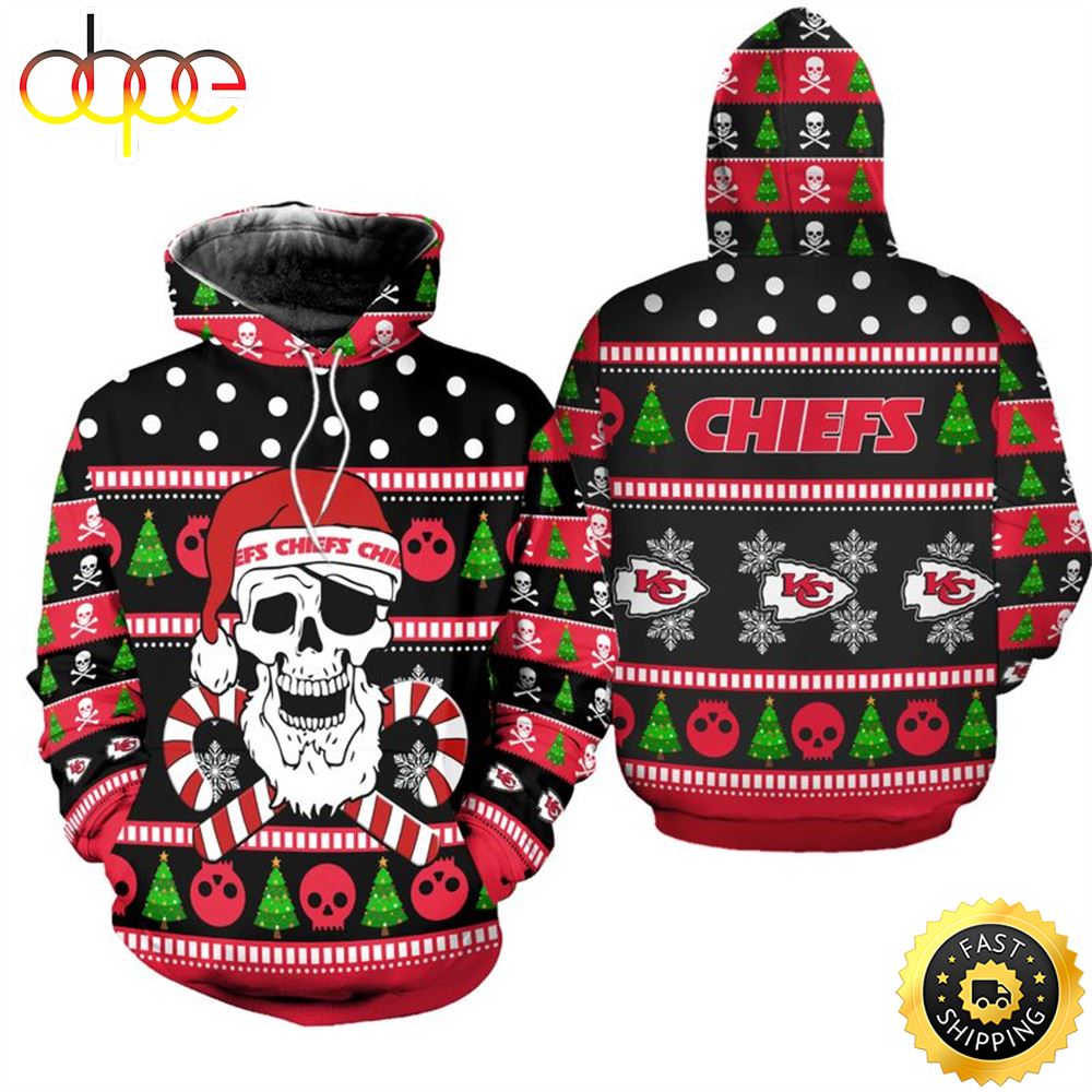 Kansas City Chiefs Christmas Santa Skull Patterns Football NFL All Over print Christmas Shirt