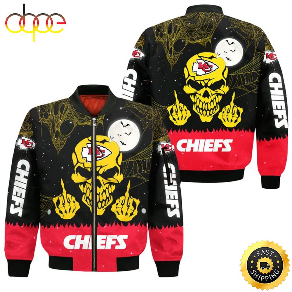 Kansas City Chiefs Skull with Middle Fingers Halloween Bomber Jacket