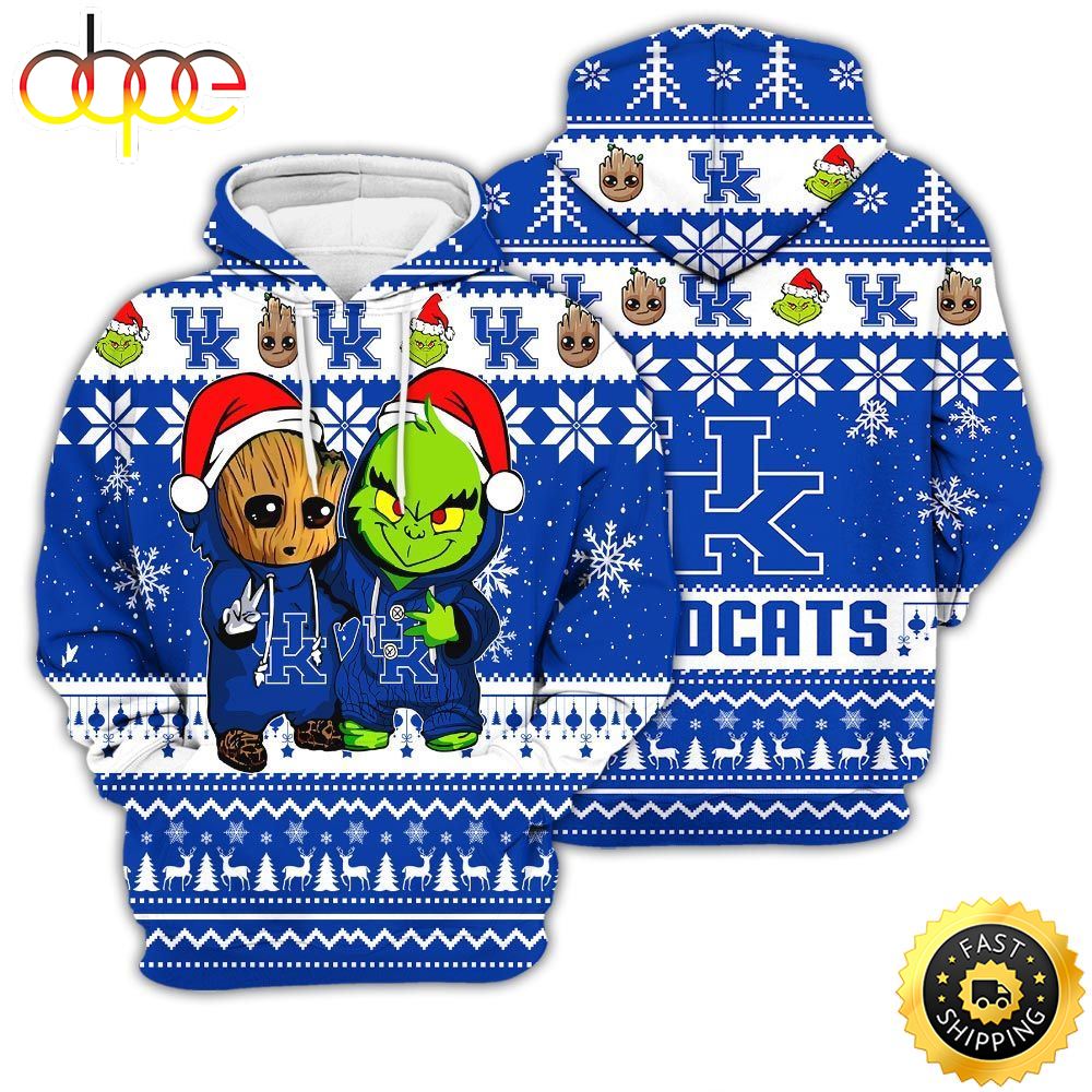 Kentucky Wildcats Baby Groot And Grinch Best Friends Football American Ugly Christmas Sweater New Trends For Fans Club Gifts Unisex 3D Hoodie