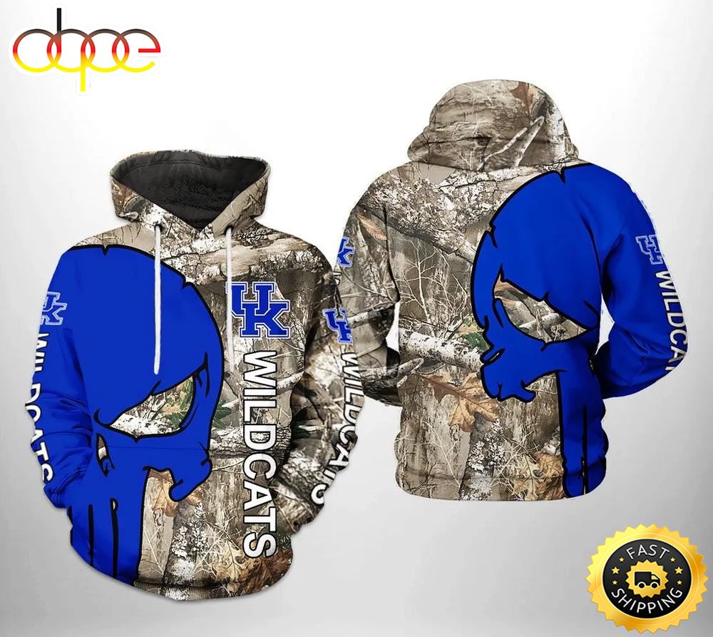 Kentucky Wildcats Camo Veteran Hunting and Skull Punisher 3D Hoodie Kentucky Wildcats Gifts For Her