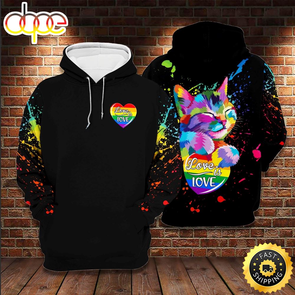 LGBT Cat Splatter Rainbow Watercolor Cat Love Is Love Hoodie 3D All Over Print Shirt
