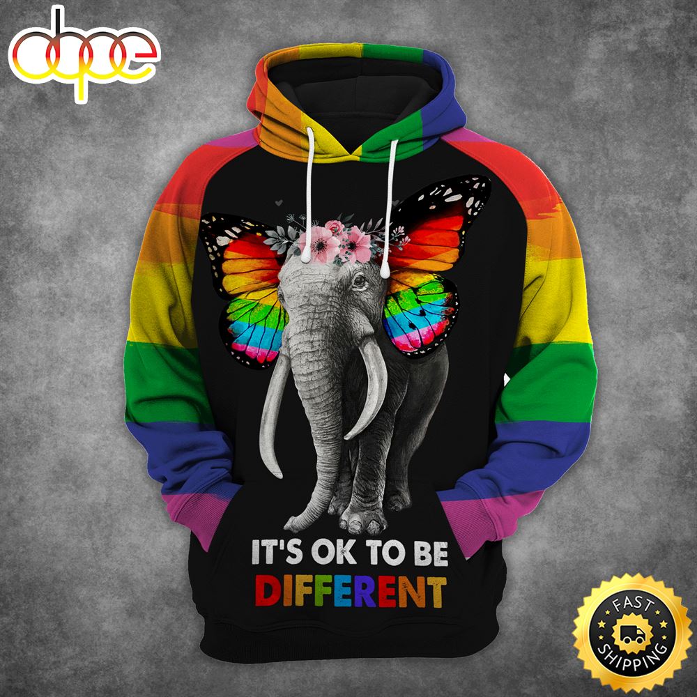 LGBT Pride  And It's Ok To Be Different Rainbow Elephant Hoodie 3D All Over Print Shirt