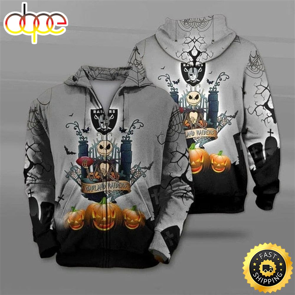 Las Vegas Raiders Jack Skellington Halloween Unisex 3D All Over Print Zip Up Hoodienfl Zip Up Hoodie - Dingeas