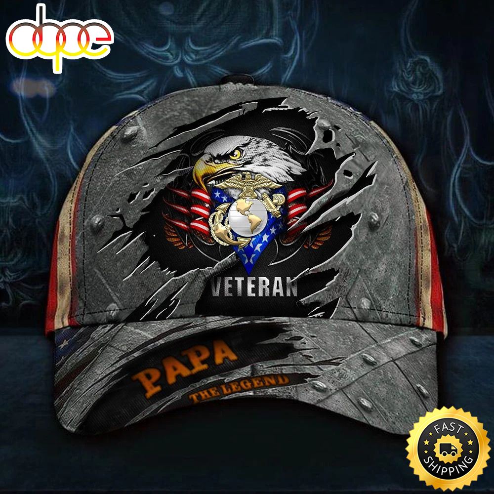 Marine Veteran Papa Legend 3D Hat USA Flag Cap Vintage Proud USMC Veteran Marine Dad Gift Hat Classic Cap