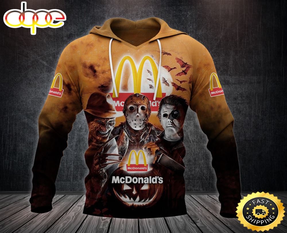 McDonald's Logo With Michael Myers and Freddy Krueger and Jason Voorhees Pumpkin Halloween All Over Print Hoodie