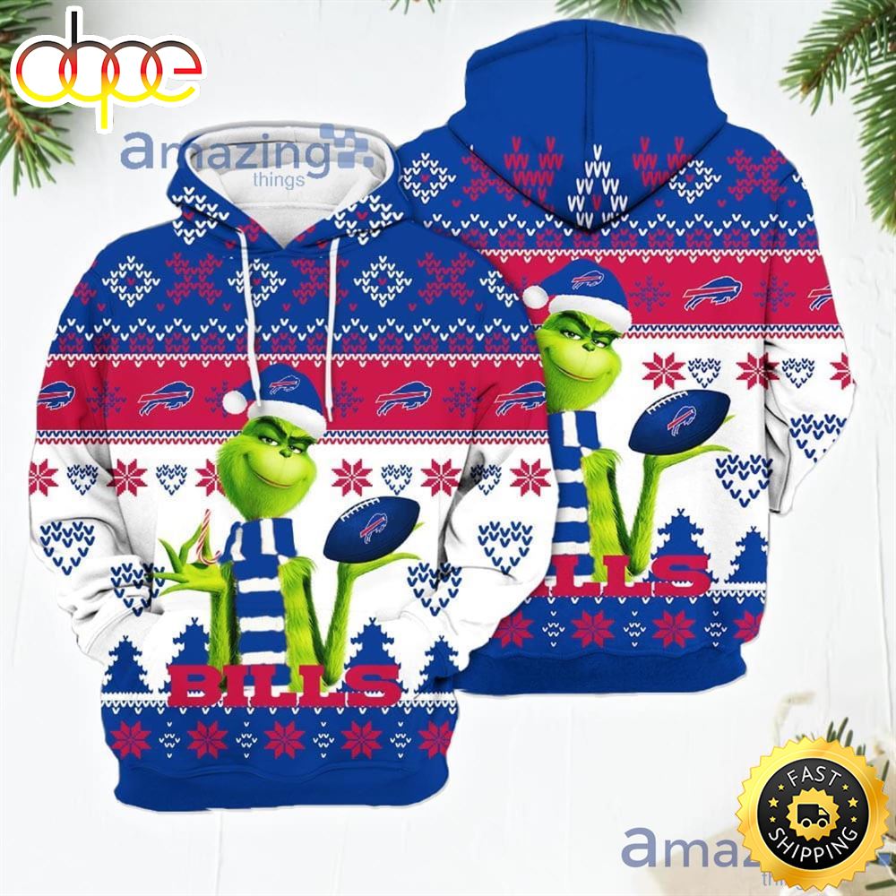 Merry Christmas 2023 Super Bowl American Grinch Cute Bills 3D Hoodie Christmas Gift For Men Women