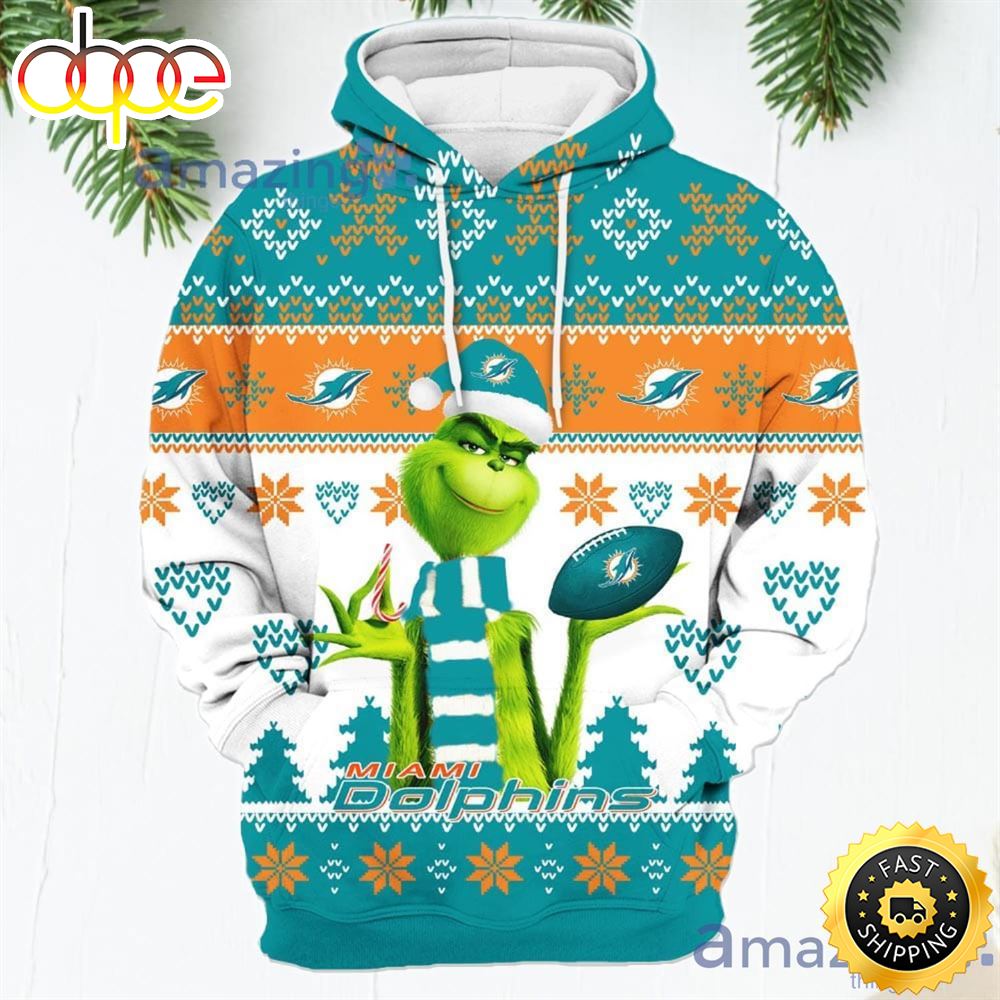 Merry Christmas 2023 Super Bowl American Grinch Cute Dolphins 3D Hoodie Christmas Gift For Men Women