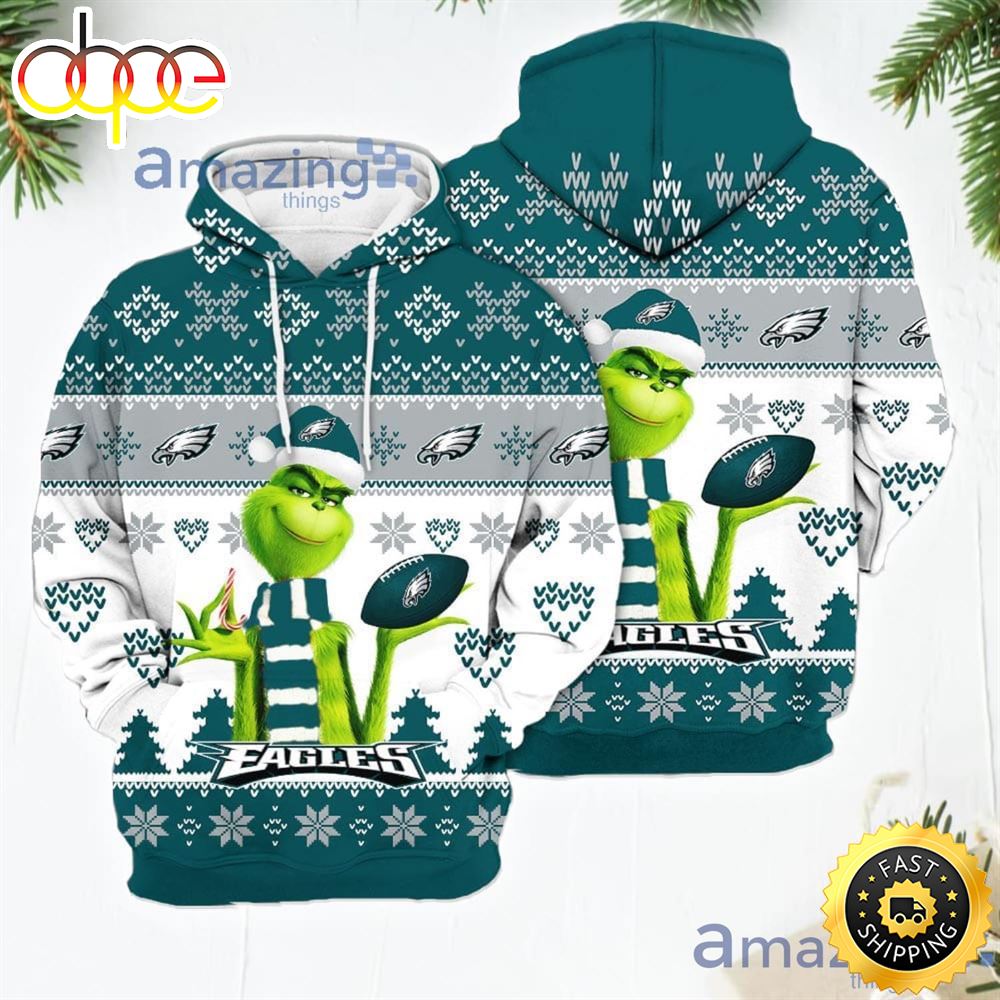 Merry Christmas 2023 Super Bowl American Grinch Cute Eagles 3D Hoodie Christmas Gift For Men Women