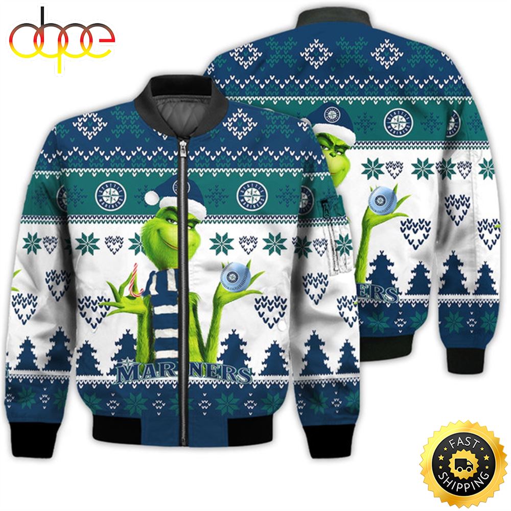 Merry Christmas 2023 Ugly Unisex Major League Baseball American Grinch Cute Mariners 3D Bomber Jacket