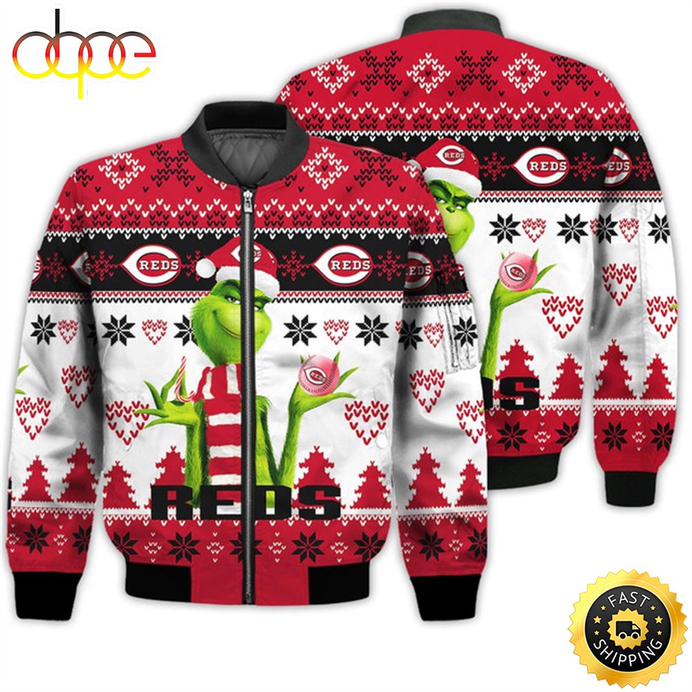 Merry Christmas 2023 Ugly Unisex Major League Baseball American Grinch Cute Reds 3D Bomber Jacket