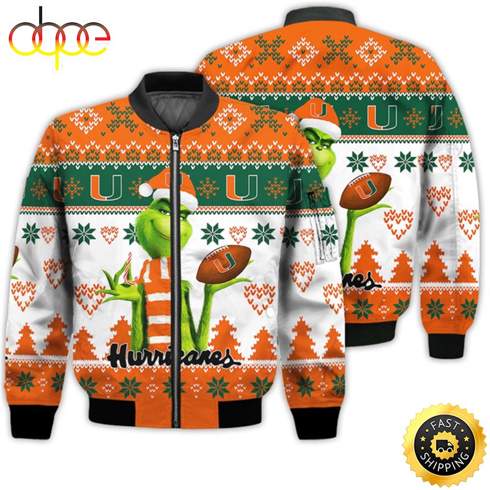 Merry Christmas 2023 Ugly Unisex National Collegiate Athletic Association American Grinch Cute Hurricanes 3D Bomber Jacket