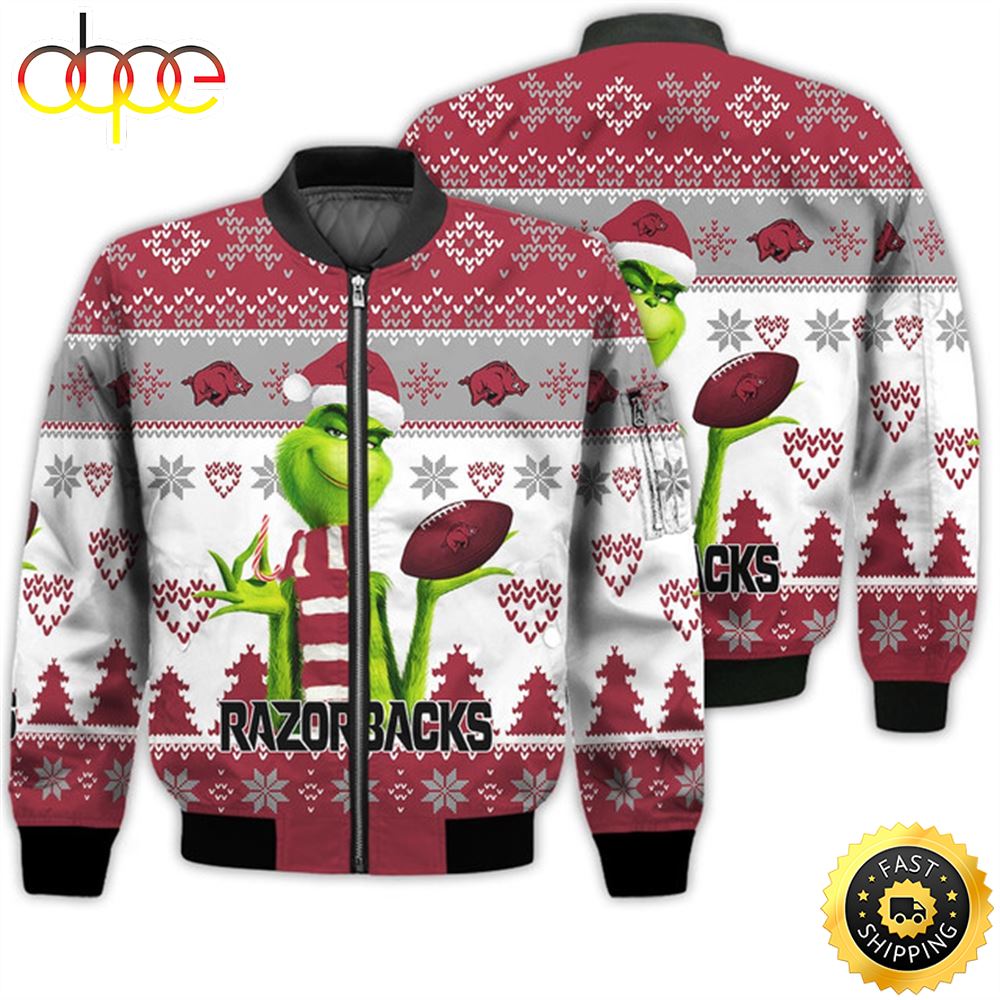 Merry Christmas 2023 Ugly Unisex National Collegiate Athletic Association American Grinch Cute Razorbacks 3D Bomber Jacket