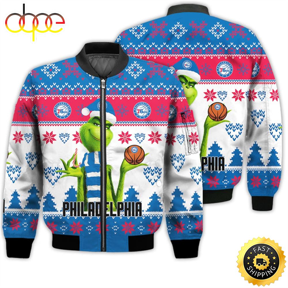 Merry Christmas 2023 Ugly Unisex The National Basketball Association American Grinch Cute 76ers 3D Bomber Jacket