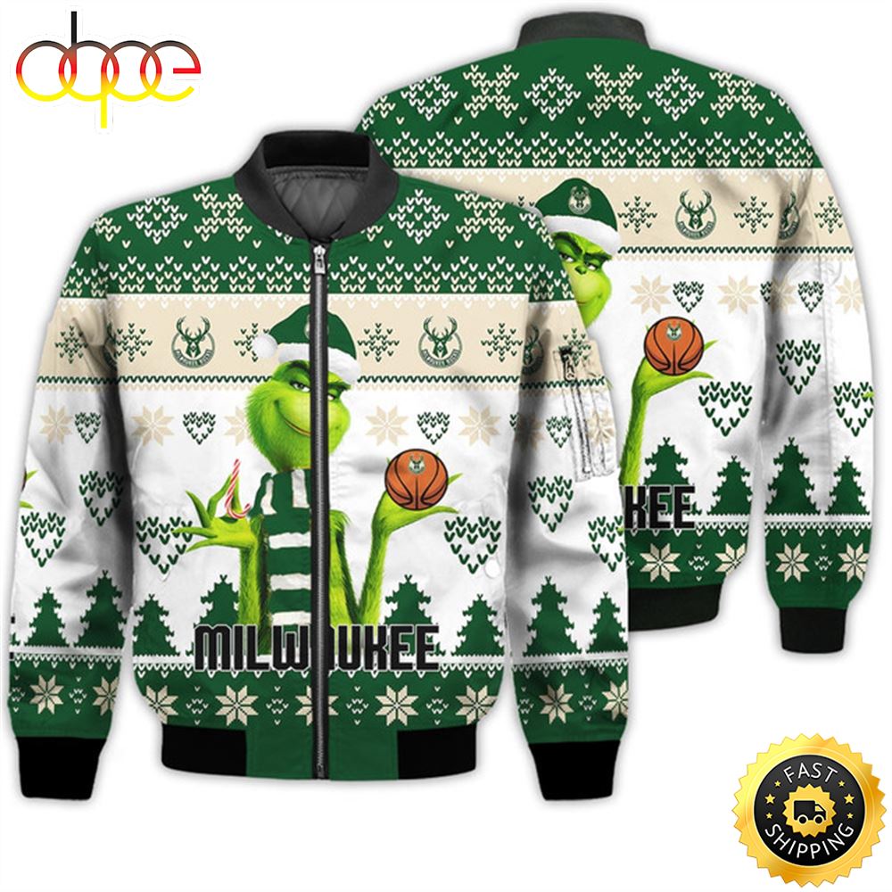 Merry Christmas 2023 Ugly Unisex The National Basketball Association American Grinch Cute Milwaukee Bucks 3D Bomber Jacket