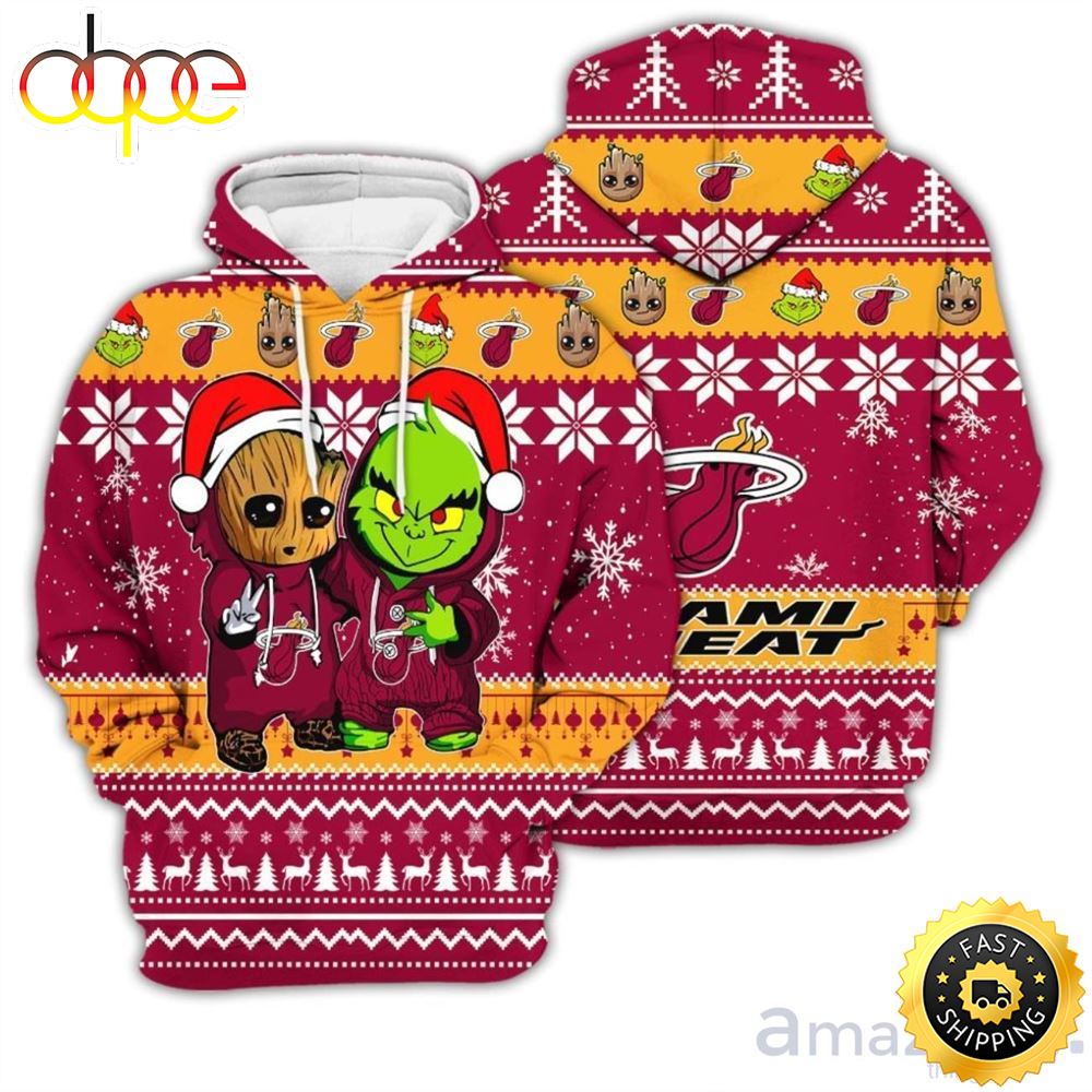 Miami Heat Baby Groot And Grinch Best Friends 3D Hoodie Christmas Sweater