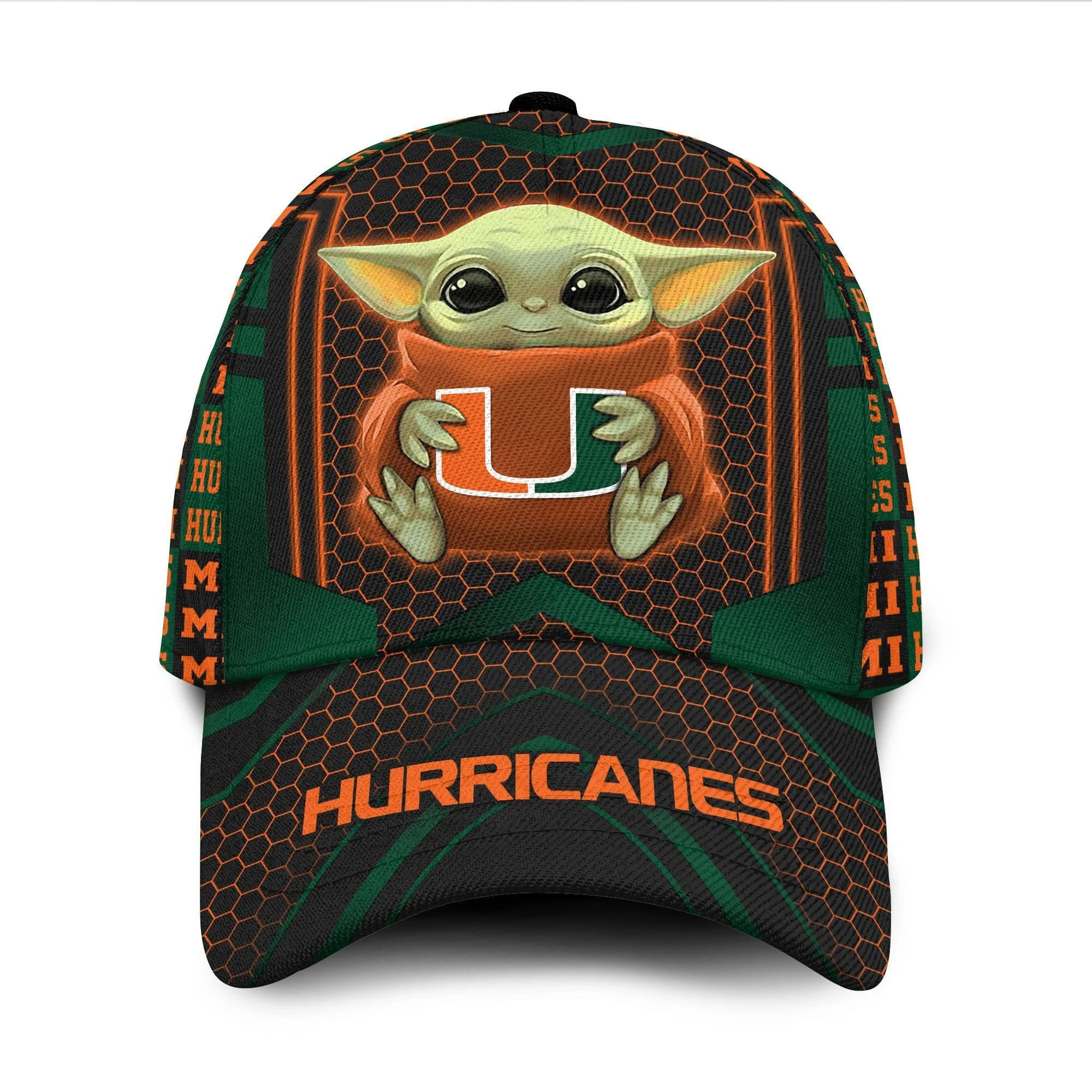 Miami Hurricanes Baby Yoda All Over Print 3D Baseball Cap