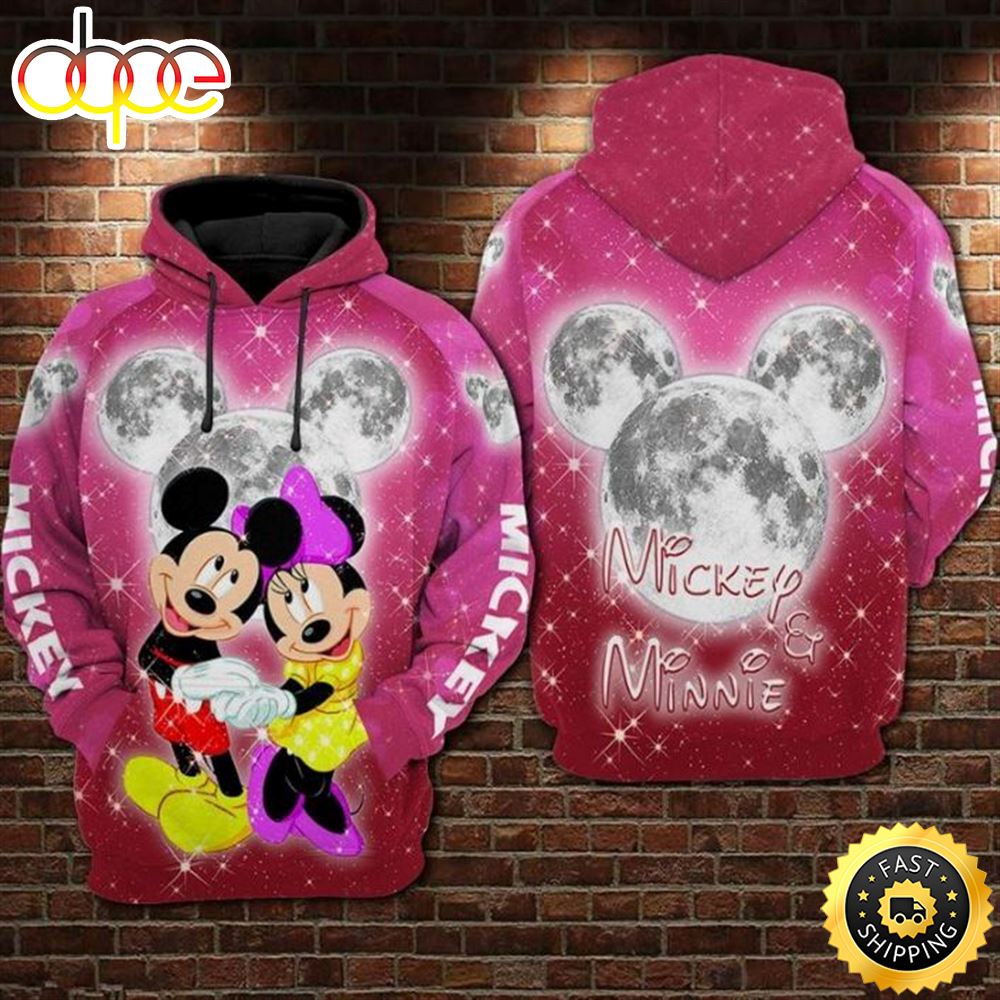 Mickey And Minnie Under The Bright Moon Over Print 3d Hoodie