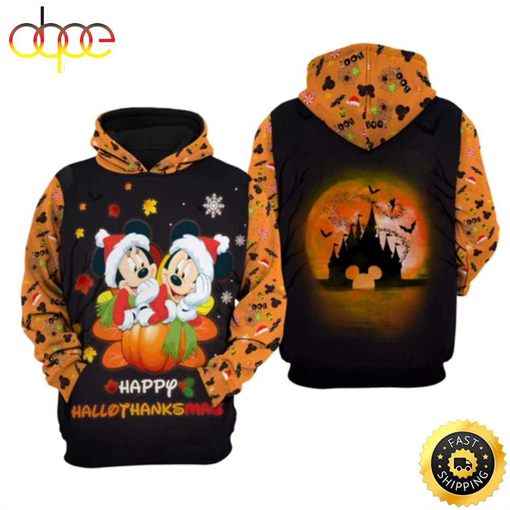 Mickey &amp; Minnie Happy Hallothankmas Halloween Thanksgiving 3D Hoodie