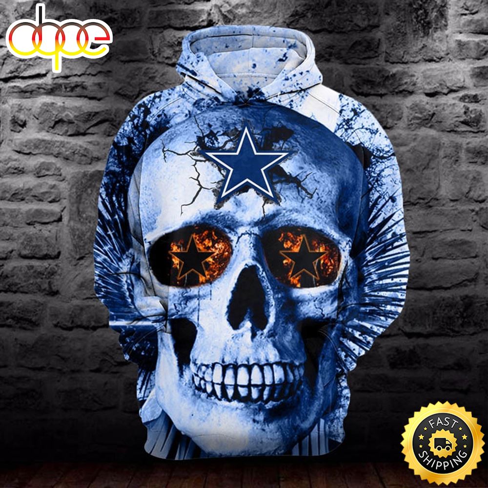 N.F.L.Dallas Cowboys Neon Blue Skull 3D Hoodie All Over Print Shirts