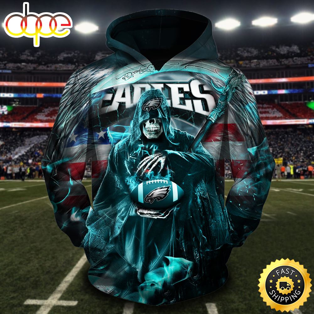 N.F.L.Eagles Pullover &amp; Death Holding Football 3D Hoodie All Over Print Shirt