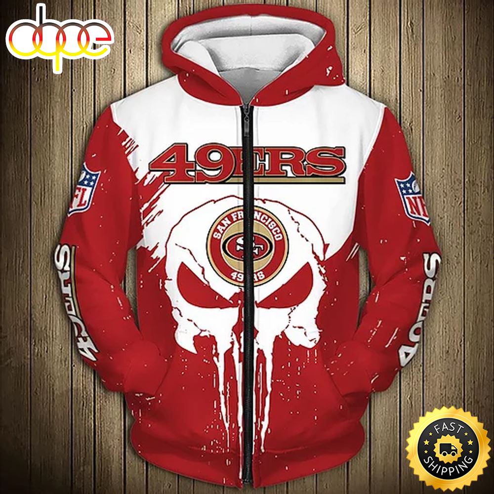 N.F.L.San Francisco 49ers Zippered Hoodie 3d Team Punisher Skull