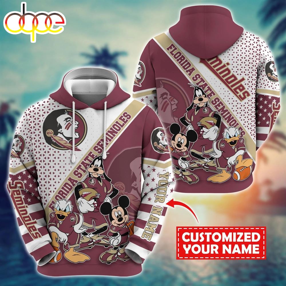 NCAA And Mickey Florida State Seminoles Character Cartoon Movie Custom Name Hoodie New Arrivals