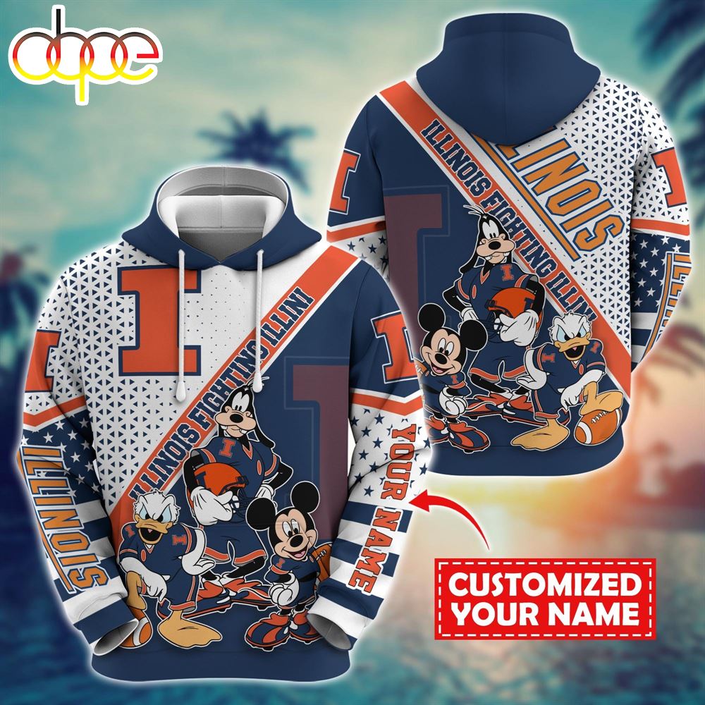 NCAA And Mickey Illinois Fighting Illini Character Cartoon Movie Custom Name Hoodie New Arrivals