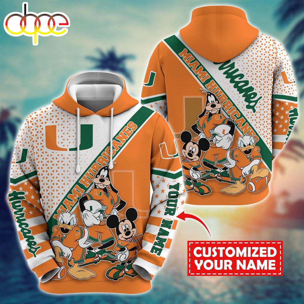 NCAA And Mickey Miami Hurricanes Character Cartoon Movie Custom Name Hoodie New Arrivals