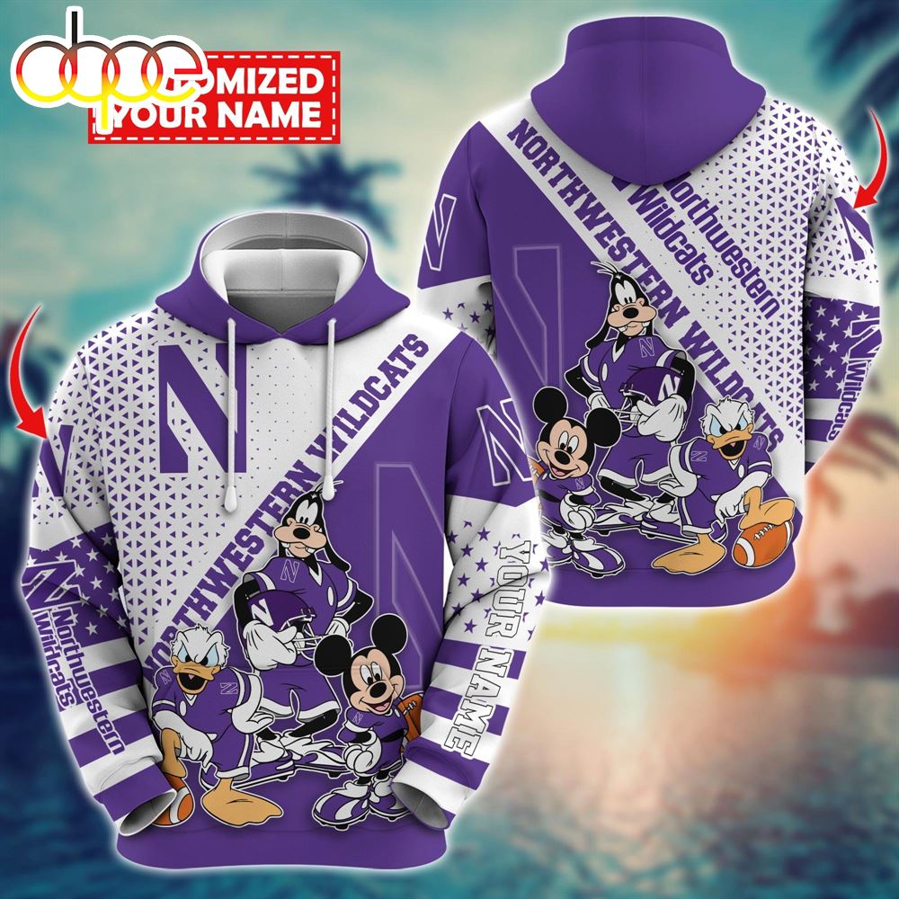 NCAA And Mickey Northwestern Wildcats Character Cartoon Movie Custom Name Hoodie New Arrivals