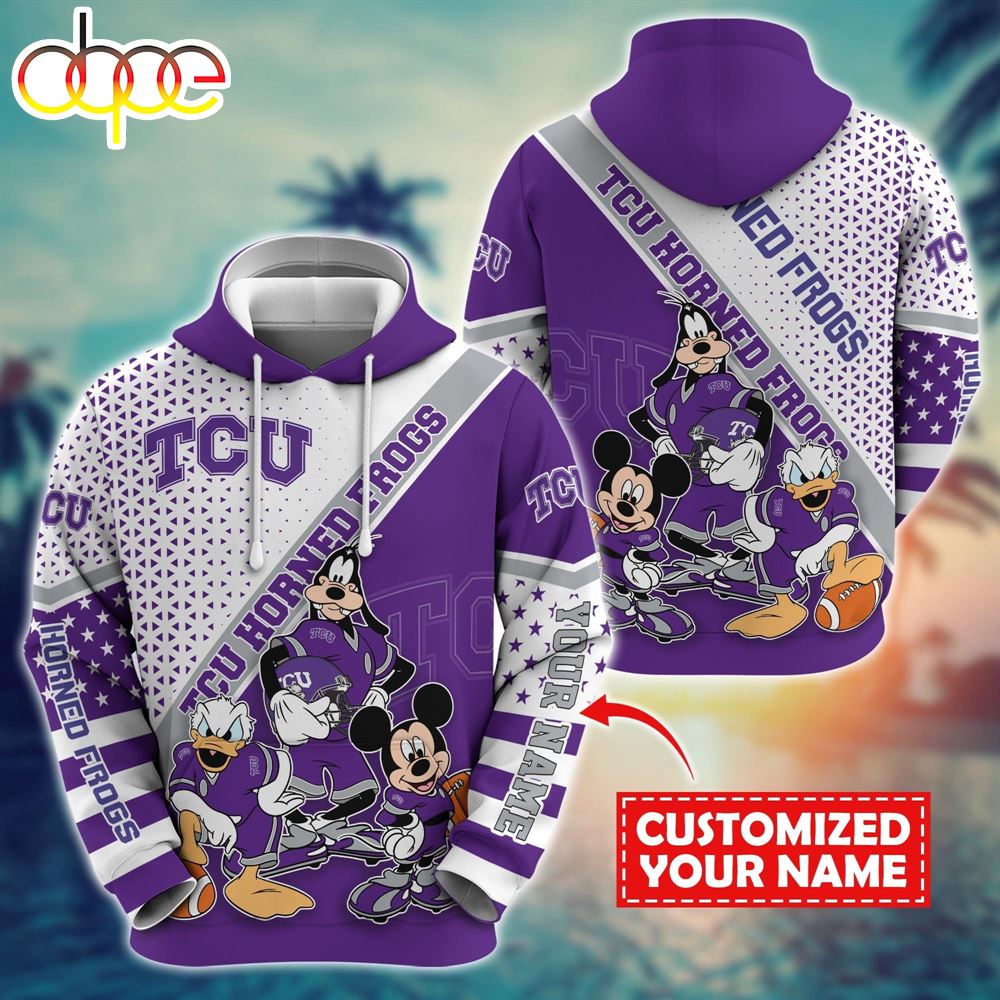 NCAA And Mickey TCU Horned Frogs Character Cartoon Movie Custom Name Hoodie New Arrivals