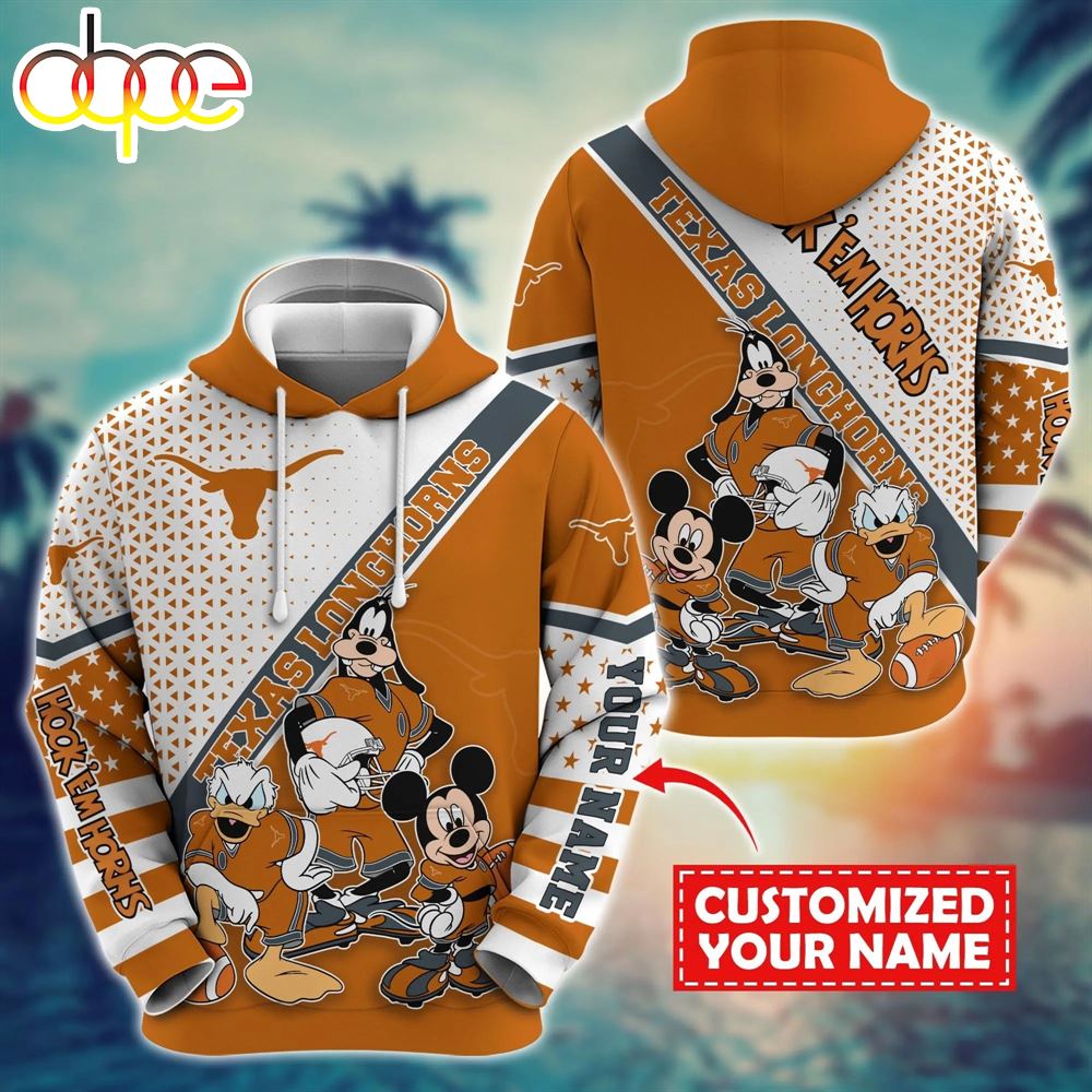 NCAA And Mickey Texas Longhorns Character Cartoon Movie Custom Name Hoodie New Arrivals