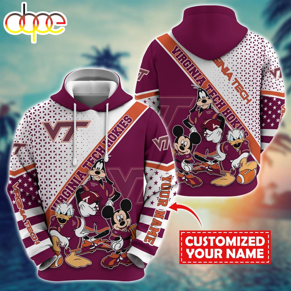 NCAA And Mickey Virginia Tech Hokies Character Cartoon Movie Custom Name Hoodie New Arrivals