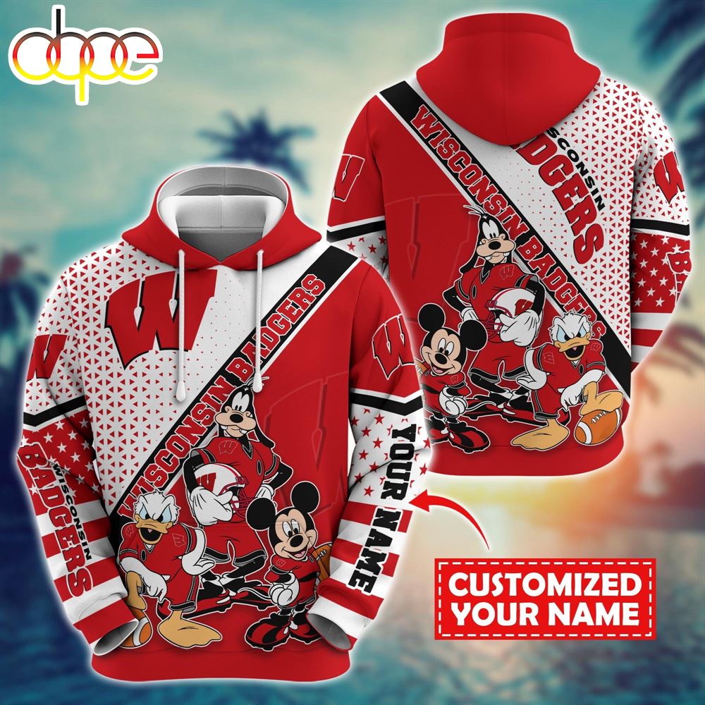 NCAA And Mickey Wisconsin Badgers Character Cartoon Movie Custom Name Hoodie New Arrivals