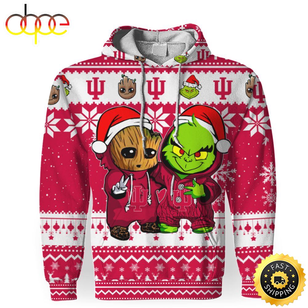 NCAA Indiana Hoosiers Baby Groot And Grinch Christmas Football Christmas Hoodie All Over Print Shirt