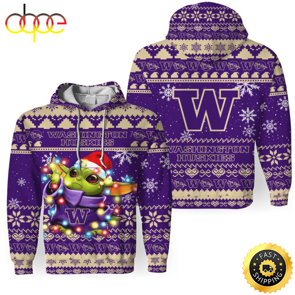 NCAA Washington Huskies Baby Yoda Christmas Football Christmas Hoodie All Over Print Shirt
