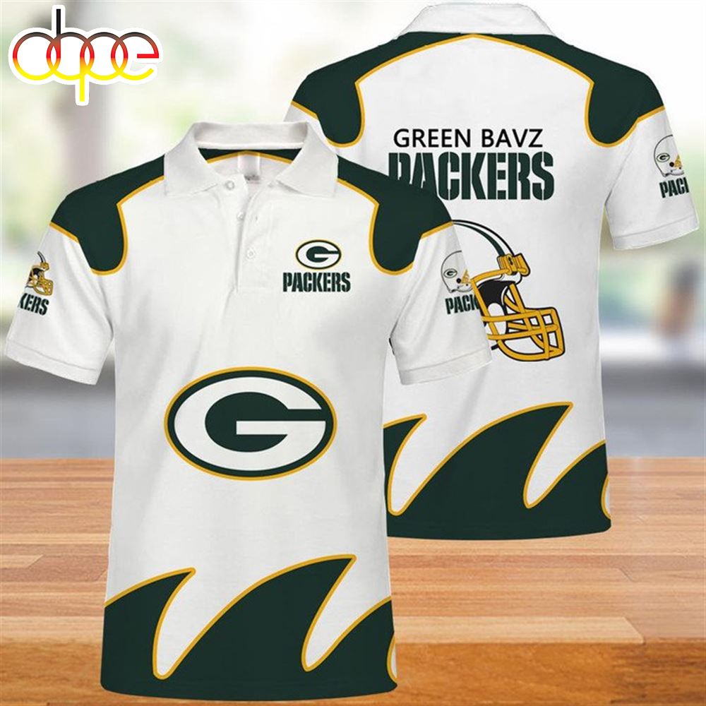 NFL Green Bay Packers White Green Fire Helmet Polo Shirt