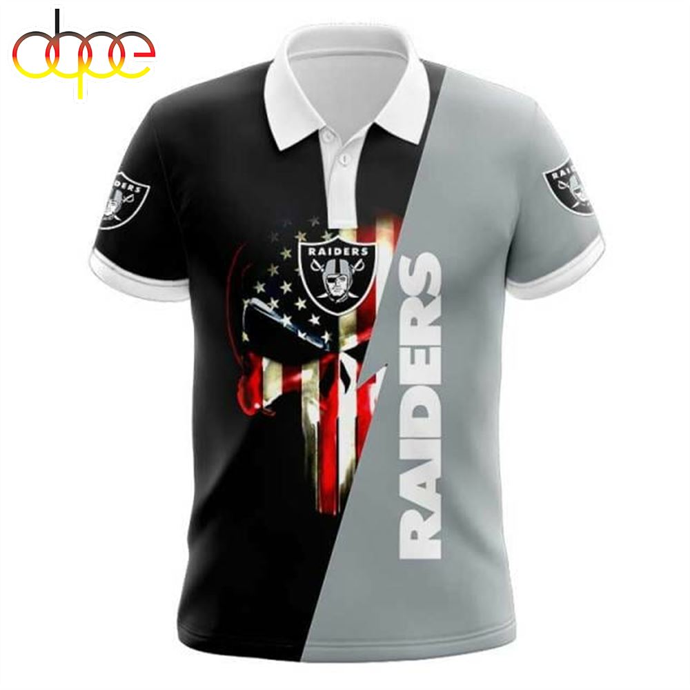 NFL Las Vegas Raiders Punisher Skull Silver Black Polo Shirt