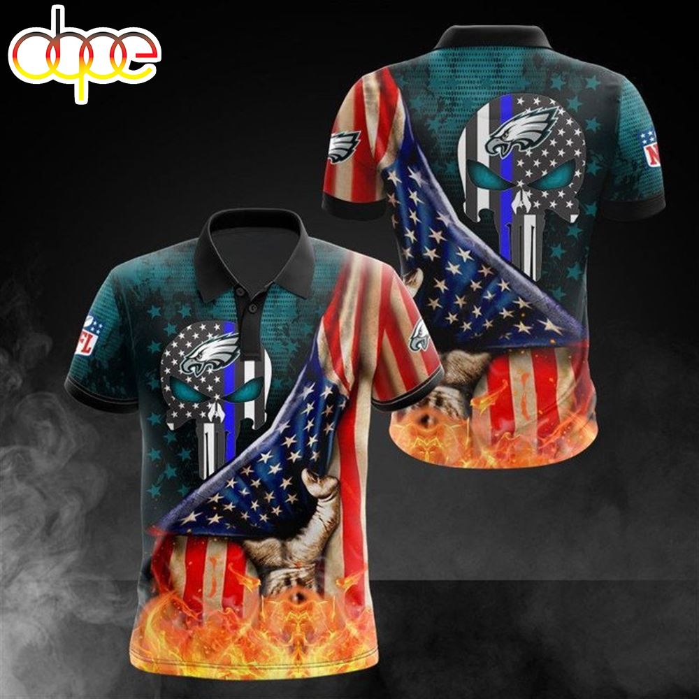 NFL Philadelphia Eagles American Flag Punisher Skull Polo Shirt V2